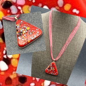 Glass Pendant Necklace Silver Triangle Red Pink Ribbon Cord Speckled Blue Yellow